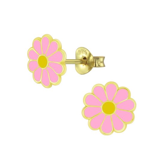Joy|S - Zilveren madeliefje bloem oorbellen - 8 mm - roze - goudplating