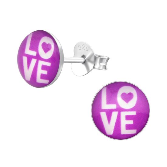 Joy|S - Zilveren Love ronde oorbellen - 8 mm - paars