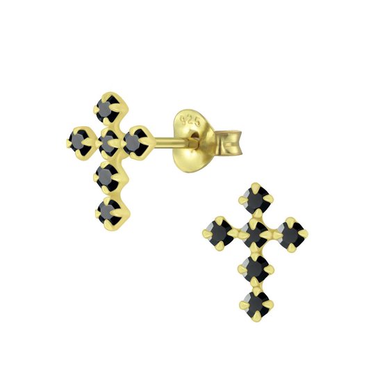 Joy|S - Zilveren kruis oorbellen 7 x 10 mm zwart kristal - goudplating