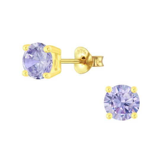 Joy|S - Zilveren oorbellen - rond - zirkonia lila paars - goudplating - 6mm