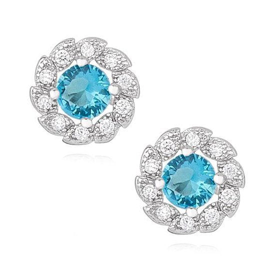Joy|S - Zilveren rond oorbellen - 8.5 mm - fantasie bloem - zirkonia aqua marine blauw - gehodineerd
