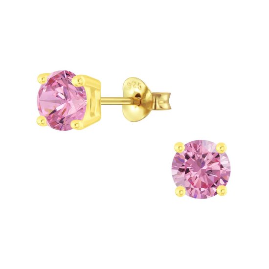 Joy|S - Zilveren oorbellen - rond - zirkonia roze - goudplating - 6mm
