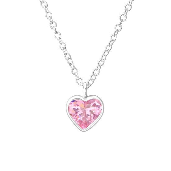 Joy|S - Zilveren hartje hanger met roze zirkonia 6 x 7 mm met ketting 39 cm