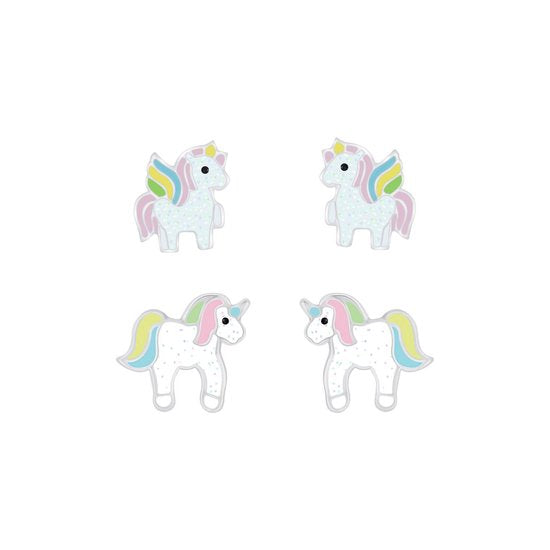 Joy|S - Zilveren eenhoorn unicorn oorbellen set 2 paar