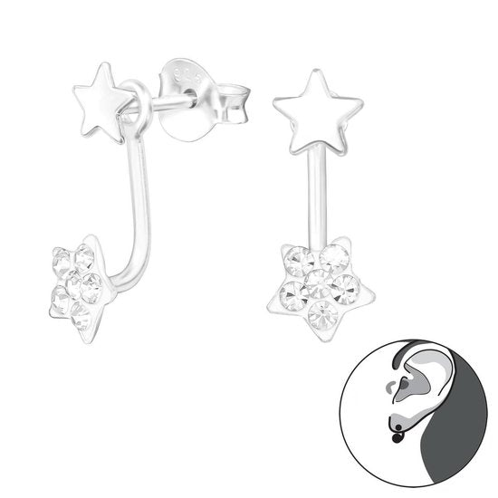 Joy|S - Zilveren Ster ear jacket oorbellen - 2 sterren - kristal