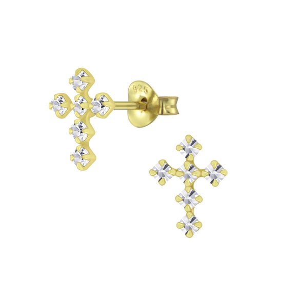 Joy|S - Zilveren kruis oorbellen 7 x 10 mm kristal - goudplating