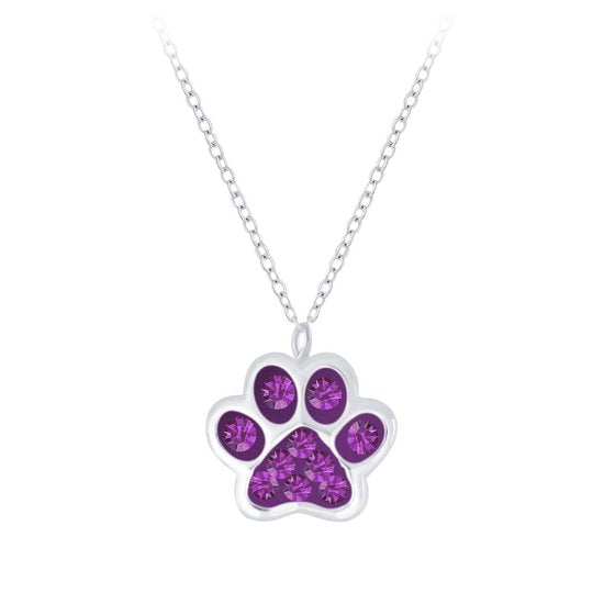 Joy|S - Zilveren kat hond dierenpoot hanger met ketting 36 cm + 5 cm paars