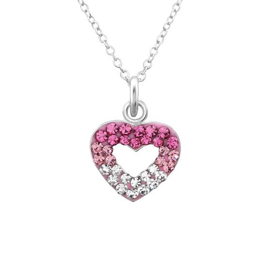 Joy|S - Zilveren hartje hanger met ketting - hartje kristal roze tinten 11 x 10 mm met ketting 39 cm