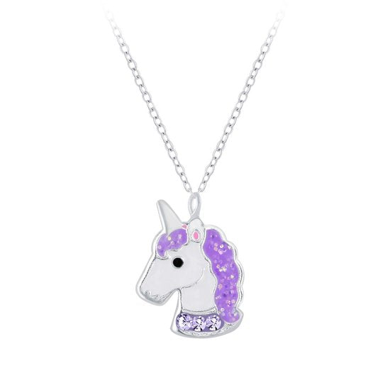 Joy|S - Zilveren eenhoorn hanger met ketting 36 cm + 5 cm unicorn paars glitter