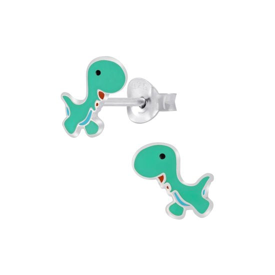 Joy|S - Zilveren dino oorbellen groen dinosaurus