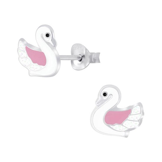 Joy|S - Zilveren zwaan oorbellen 8 mm wit roze