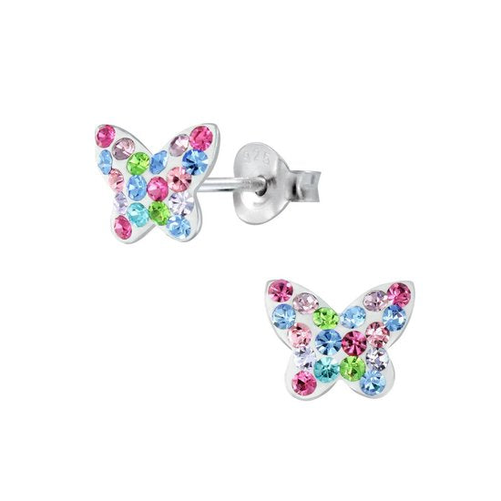 Joy|S - Zilveren vlinder oorbellen 8 mm kristal multicolor