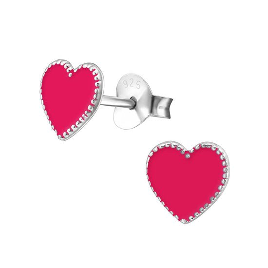 Joy|S - Zilveren hartje oorbellen - 7 mm - roze/ rood