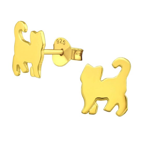 Joy|S - Zilveren kat poes oorbellen - 7 x 8 mm - goudplating