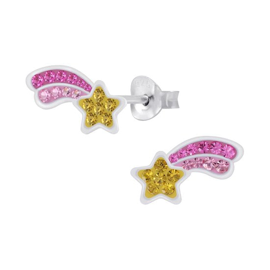 Joy|S - Zilveren vallende ster oorbellen - roze geel - 13 x 6 mm