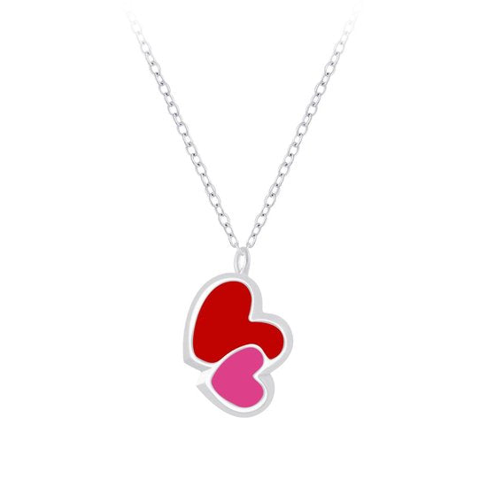 Joy|S - Zilveren hartjes hanger met ketting 36 cm + 5 cm - rood roze