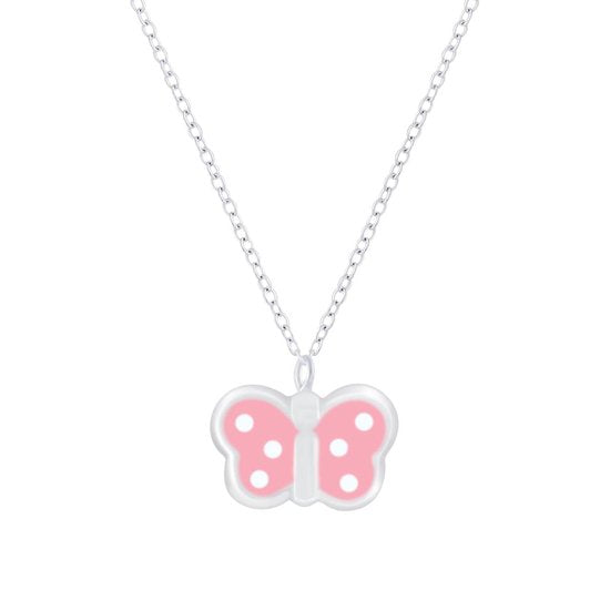 Joy|S - Zilveren vlinder hanger met ketting 35 cm + 5 cm roze met witte stippen