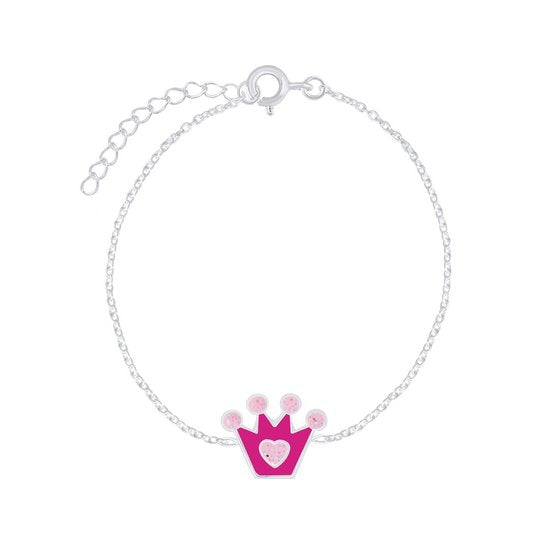 Joy|S - Zilveren kroontje armband 14 cm + 3 cm extension - roze met glitter