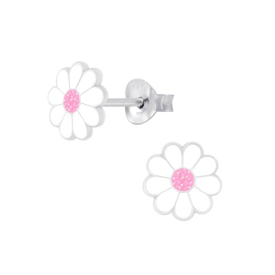 Joy|S - Zilveren madeliefje bloem oorbellen - 7 mm - wit roze met glitter