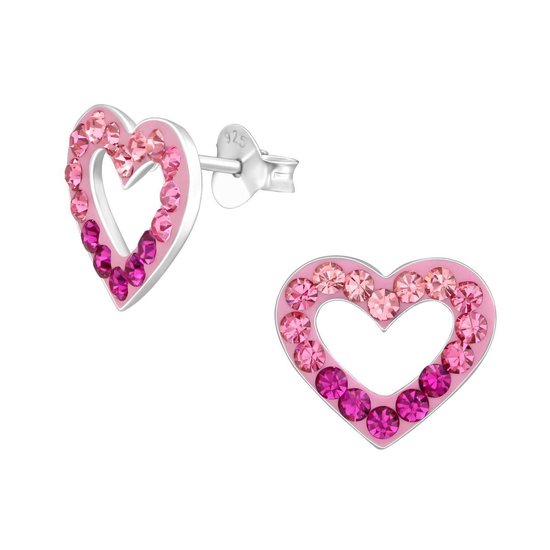 Joy|S - Zilveren hartje oorbellen - 11 mm - roze kristalletjes