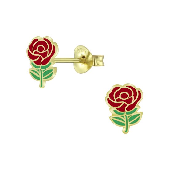 Joy|S - Zilveren rode roos oorbellen - bloem - rood roosje - goudplating