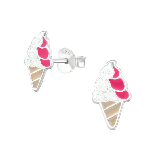 Joy|S - Zilveren ijsje oorbellen - 6 x 10 mm - wit roze