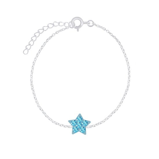 Joy|S - Zilveren ster armband - blauw kristal - 14 cm + 3 cm extension