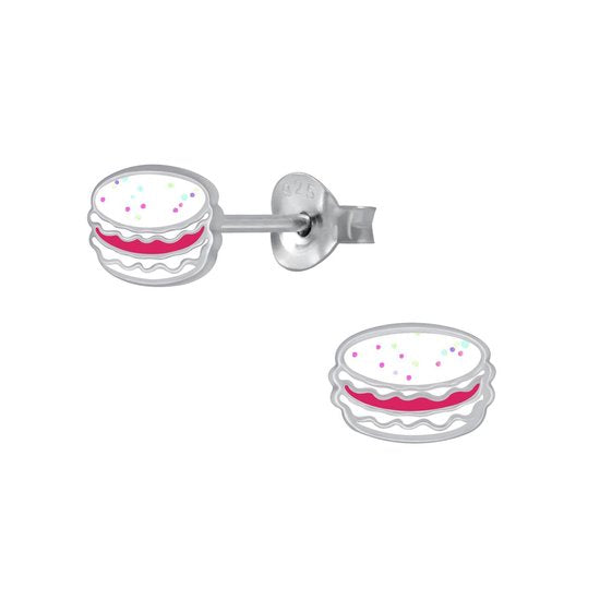 Joy|S - Zilveren macaron oorbellen glitter wit met roze