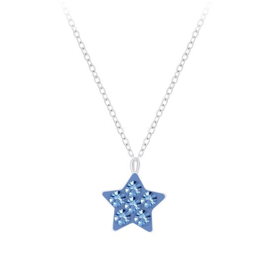 Joy|S - Zilveren ster hanger met ketting - kinderketting - blauw kristal