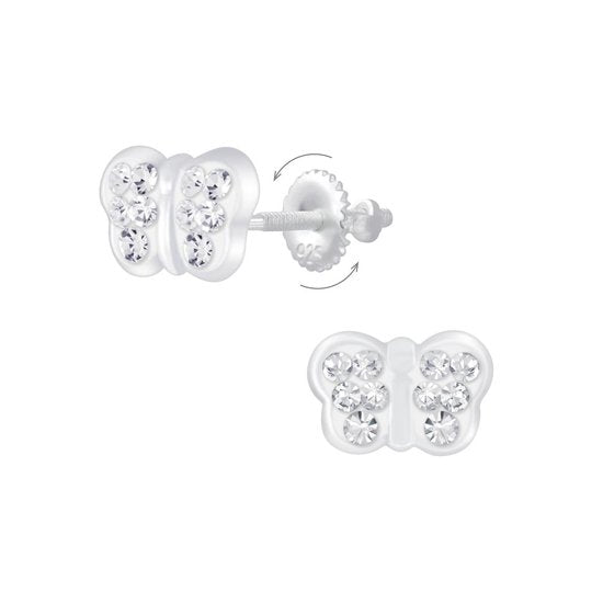 Joy|S - Zilveren vlinder oorbellen kristal wit - screwback sluiting
