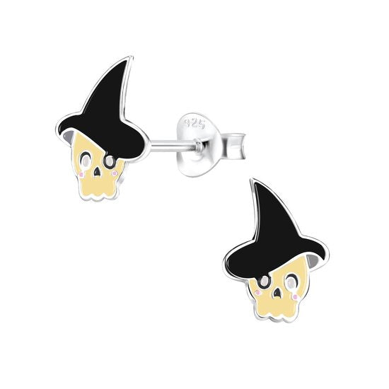 Joy|S - Zilveren heks skull oorbellen met zwart hoed - halloween