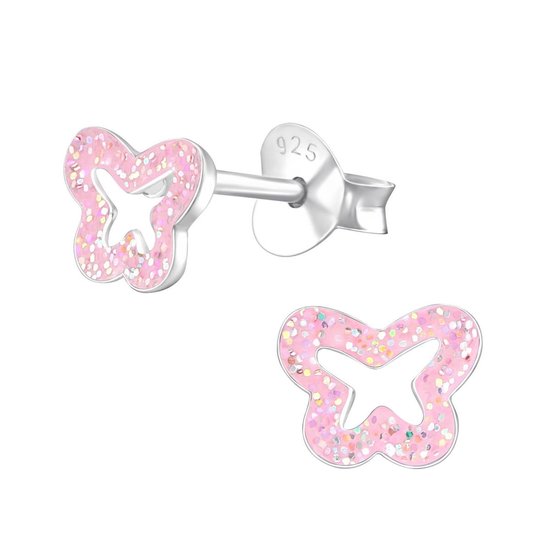Joy|S - Zilveren vlinder oorbellen met roze glitter - 7 mm - kinderoorbellen