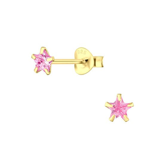 Joy|S - Zilveren petit ster kinderoorbellen - 4 mm zirkonia roze - goudplating