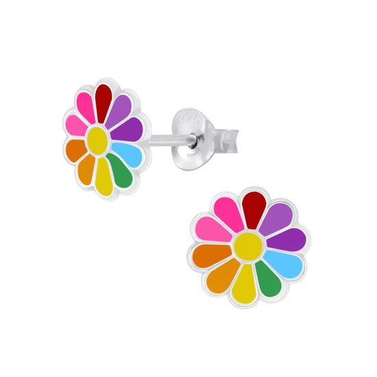 Joy|S - Zilveren bloem oorbellen 8 mm multicolor