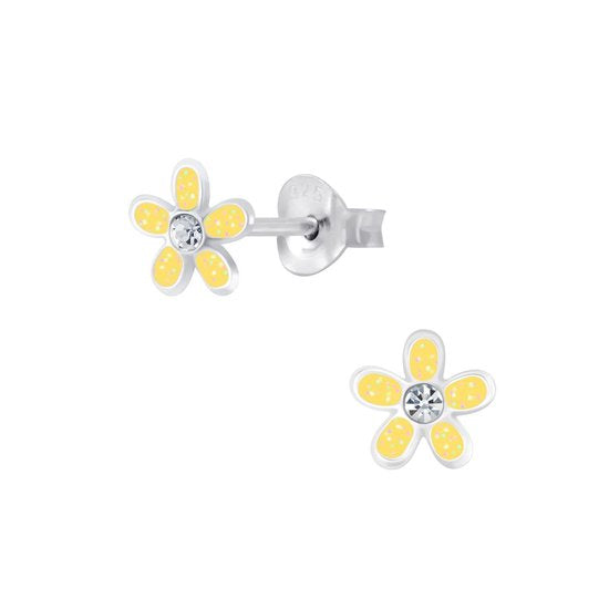 Joy|S - Zilveren gele bloem oorbellen - 7 mm - geel met kristal