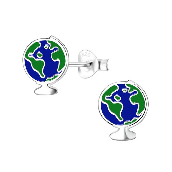 Joy|S - Zilveren wereldbol oorbellen - globe - groen blauw