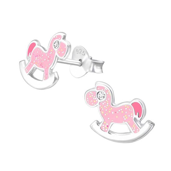 Joy|S - Zilveren hobbelpaard oorbellen - roze met glitter - 10 x 8 mm - paardje