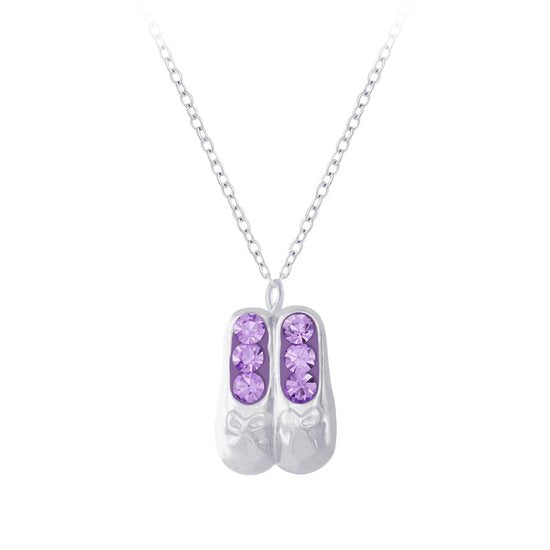 Joy|S - Zilveren ballet ballerina schoentjes hanger met ketting 36 cm + 5 cm kristal paars