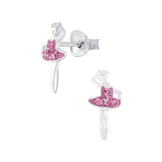 Joy|S - Zilveren ballerina ballet danseres oorbellen 6 x 12 mm roze danseres