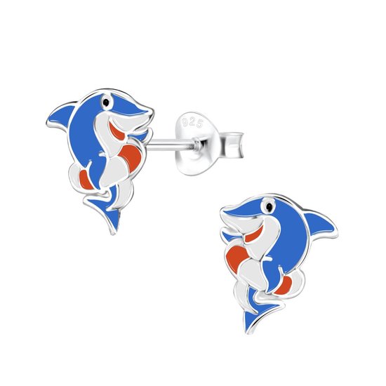 Joy|S - Zilveren haai oorbellen - 10 x 12 mm - blauw wit