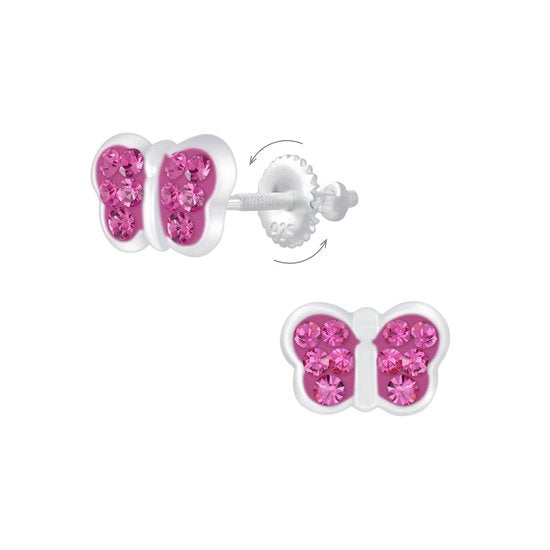 Joy|S - Zilveren vlinder oorbellen Magenta roze - screwback sluiting