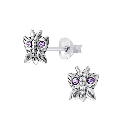 Joy|S - Zilveren vlinder oorbellen geoxideerd met paars kristal 7 x 8 mm