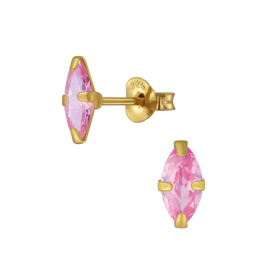 Joy|S - Zilveren marquise zirkonia oorbellen roze - goudplating