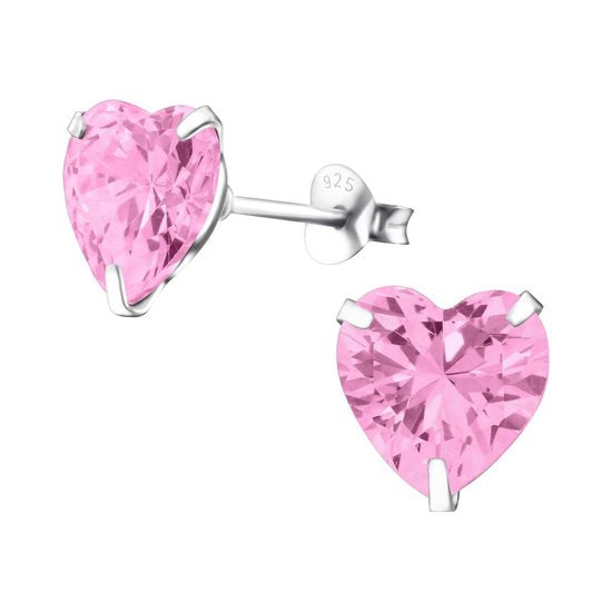 Joy|S - Zilveren hart oorbellen - 10 mm - kristal roze hartje XL