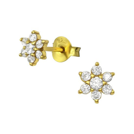 Joy|S - Zilveren classic bloem oorbellen zirkonia - 6 mm - goudplating