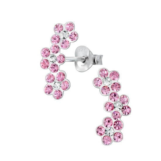 Joy|S - Zilveren bloem oorbellen - roze - 3 bloemetjes - triple flower