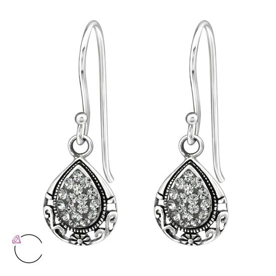 Joy|S - Zilveren elegance druppel oorbellen met Swarovski geoxideerd