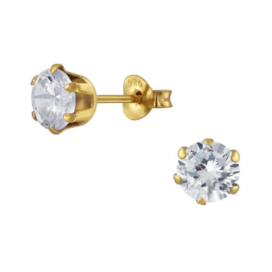 Joy|S - Zilveren oorknoppen - rond - zirkonia - goudplating - 6 mm