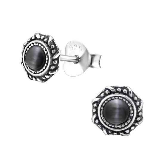 Joy|S - Zilveren Bali ronde oorbellen 6 mm Grijs Graphite cat eye