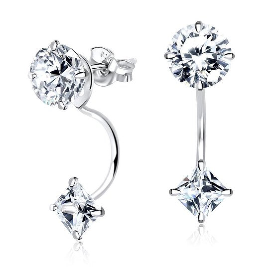 Joy|S - Zilveren front back oorbellen - zirkonia - rond en ruit - 2 elementen - ear party